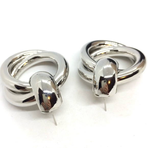 VINTAGE 80S 90S LARGE HOOP EARRINGS DOUBLE CIRCLES SILVER TONE STATEMENT - Picture 10 of 13